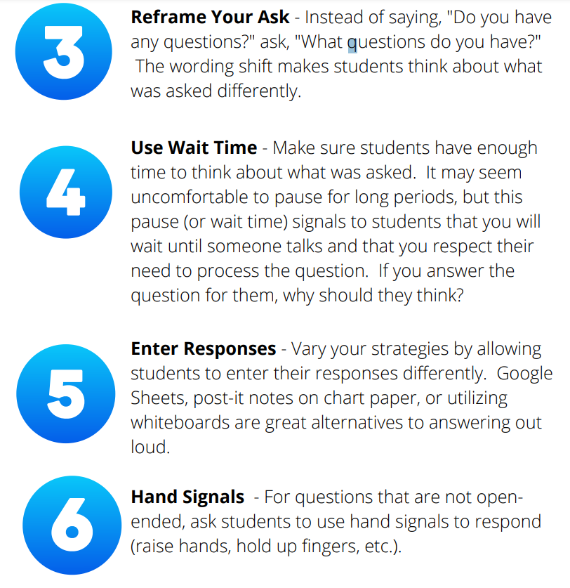 Reframe Your Ask - Instead of saying,
"Do you have
any questions?" ask,
"What questions do you have?"
The wording shift makes students think about what
was asked differently.
Use Wait Time - Make sure students have enough
time to think about what was asked. It may seem
uncomfortable to pause for long periods, but this
pause (or wait time) signals to students that you will
wait until someone talks and that you respect their
need to process the question. If you answer the
question for them, why should they think?
Enter Responses - Vary your strategies by allowing
students to enter their responses differently. Google
Sheets, post-it notes on chart paper, or utilizing
whiteboards are great alternatives to answering out
loud.
Hand Signals - For questions that are not openended, ask students to use hand signals to respond
(raise hands, hold up fingers, etc.).